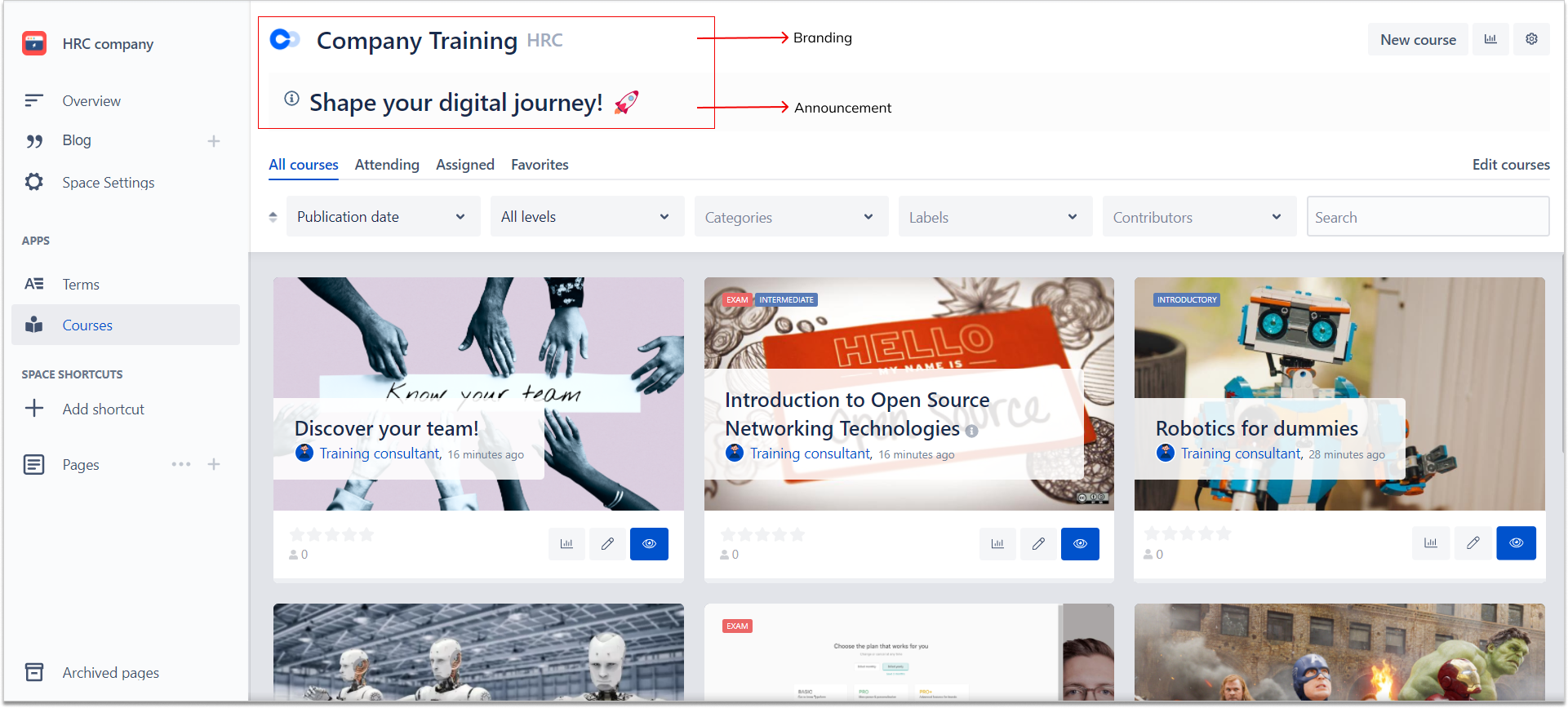 Course catalog: courses in Confluence space