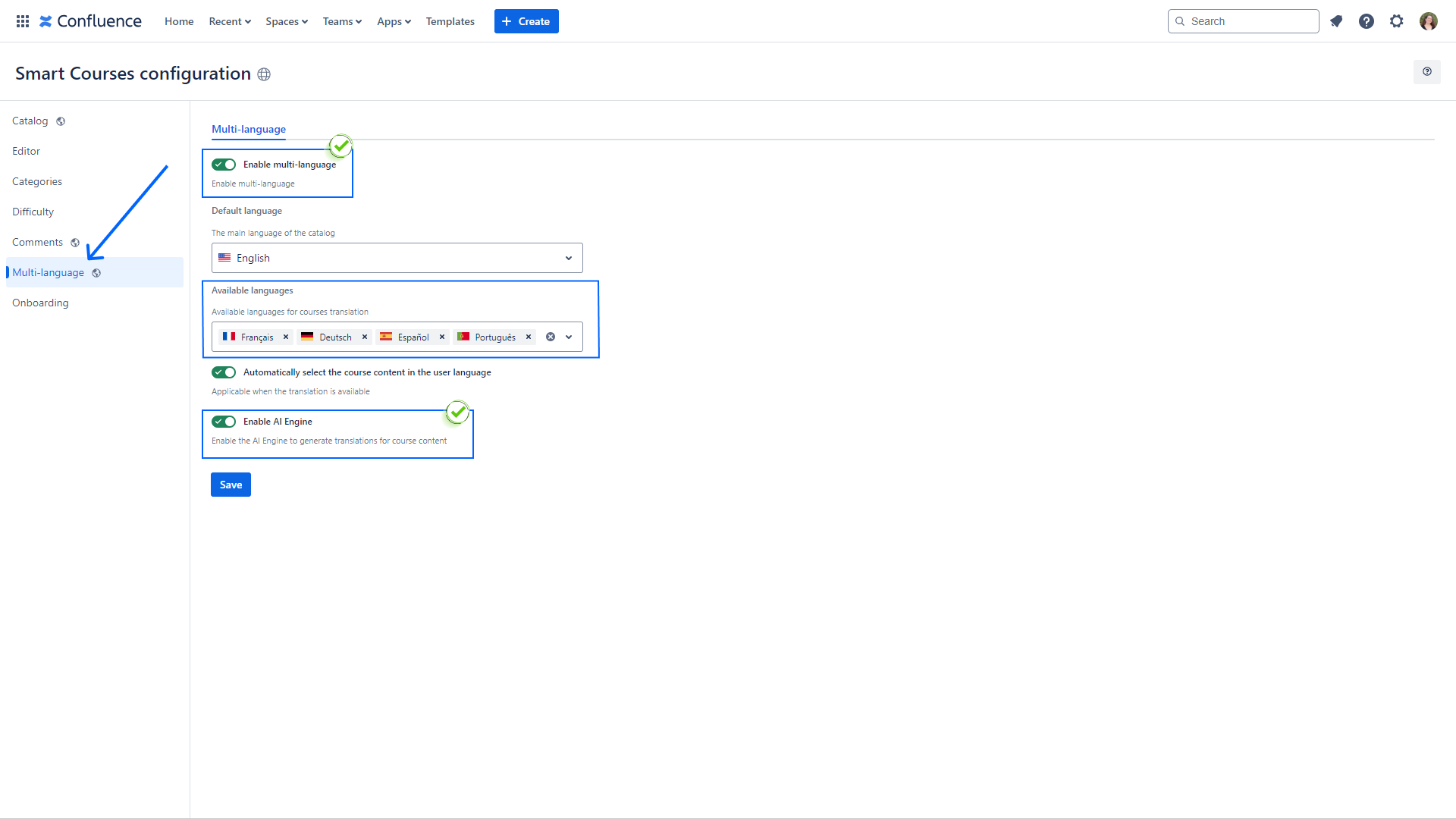 Smart Courses multilanguage settings