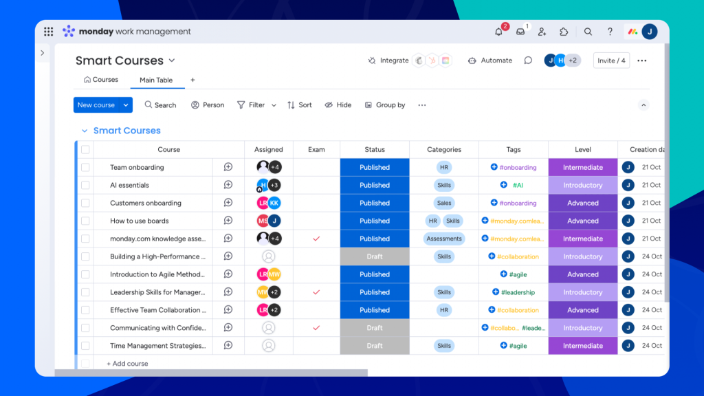 Smart Courses LMS for monday.com board view