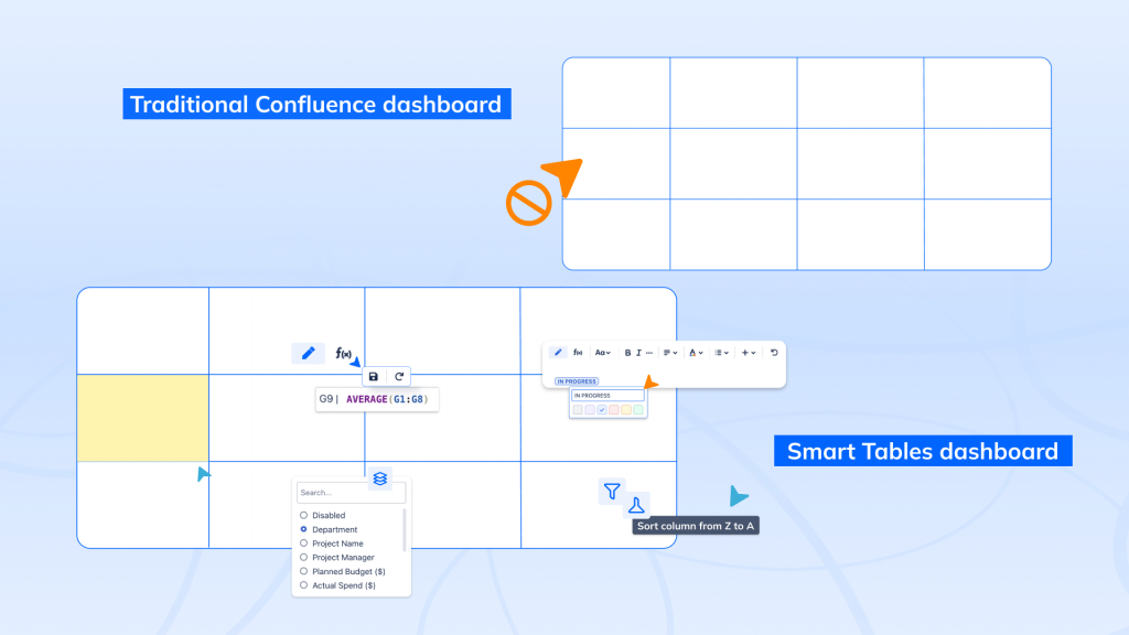 Illustration comparing two dashboards: Traditional Confluence at top-right and Smart Tables at bottom-left on a blue gradient background with grid layouts and UI icons.