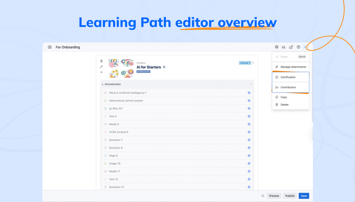 Grouping in one click-3 Screenshot of a Learning Path editor overview with a course card and a right-side menu (Share, Certification, Contributors) on a blue background.
