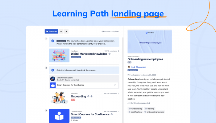 Grouping in one click-4 Screenshot of a Learning Path landing page showing a left course list and a right onboarding panel