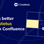 Hero banner with Creativas logo, headline 'Building better project status tables in Confluence', and a white kanban-style board on the right against a navy blue background.