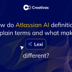 Banner header for a blog post: 'How do Atlassian AI definitions explain terms and what makes Lexi different?' with the Lexi logo on a dark blue abstract background showing flowing lines, and a Creativas logo at the top.