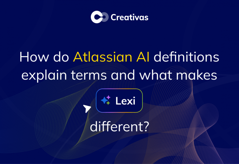 Banner header for a blog post: 'How do Atlassian AI definitions explain terms and what makes Lexi different?' with the Lexi logo on a dark blue abstract background showing flowing lines, and a Creativas logo at the top.