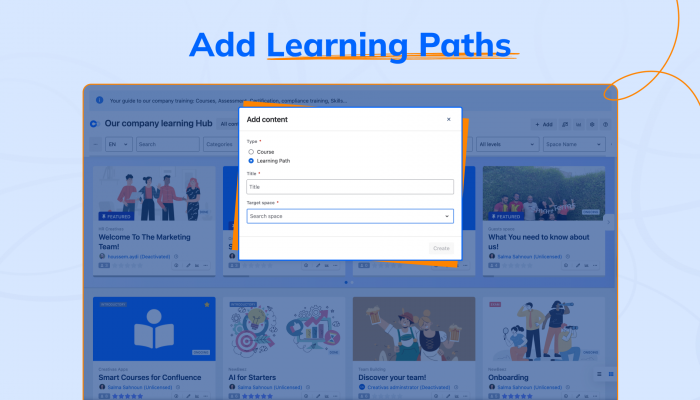 Modal titled Add content with Type options (Course or Learning Path) and fields for Title and Target space on a blue dashboard background.