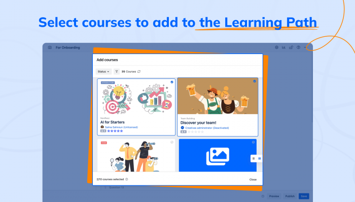 Modal titled 'Add courses' visible over a blue UI, showing selectable course cards in a learning-path editor.