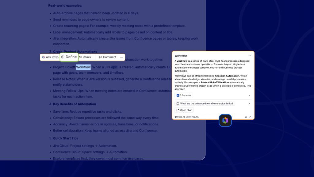 Slide showing a document with bullet points titled 'Real-world examples' and a floating 'Define' toolbar overlapping a 'Workflow' popover.