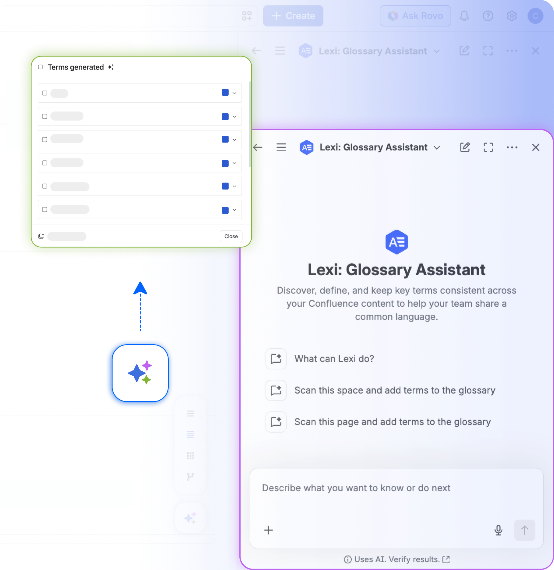 Pop-up dialog titled 'Terms generated' listing several terms with checkboxes, shown over a Lexi: Glossary Assistant page.